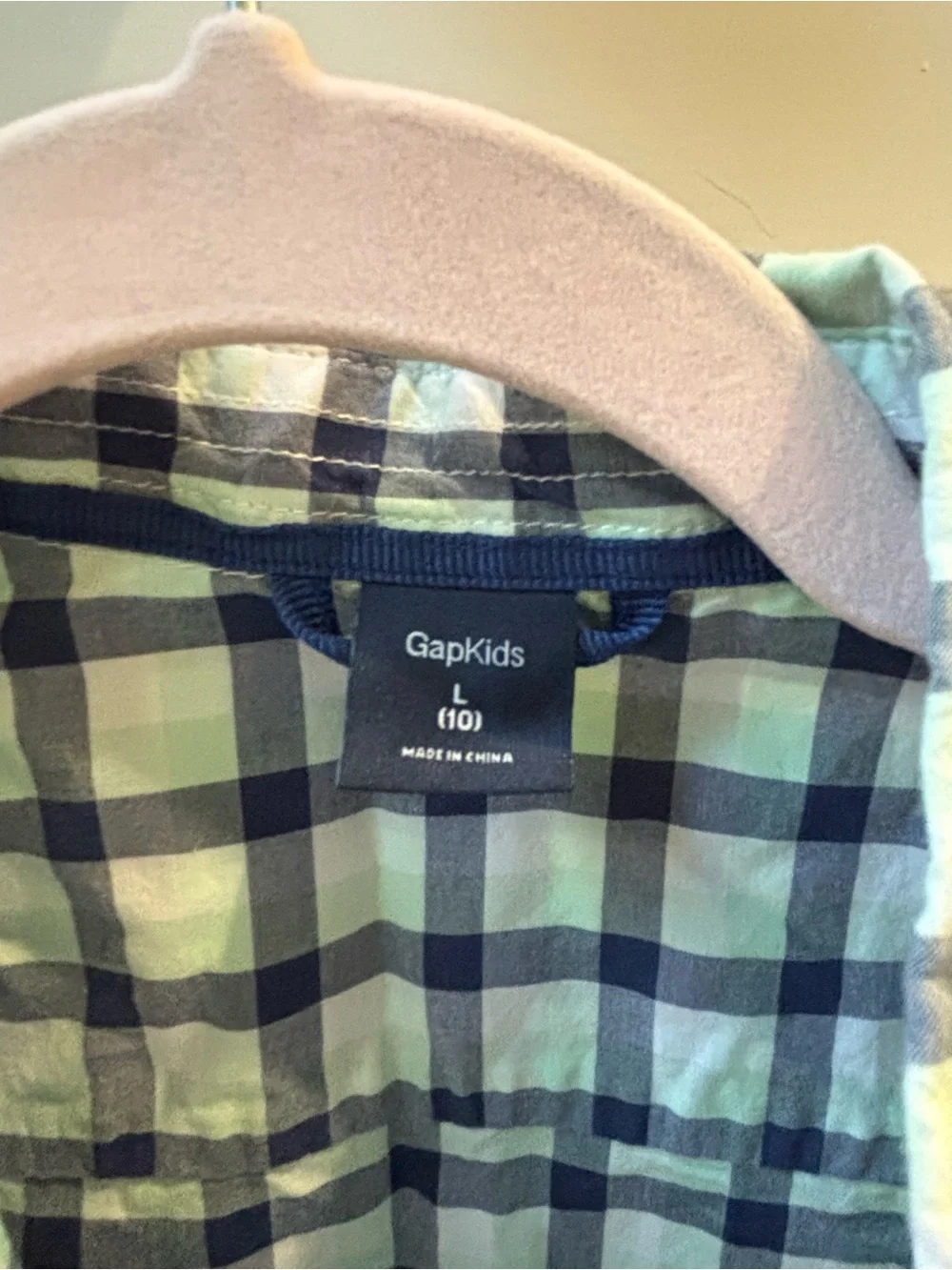 GAP Kid’s Navy and White and lime green Plaid Button-Down Shirt